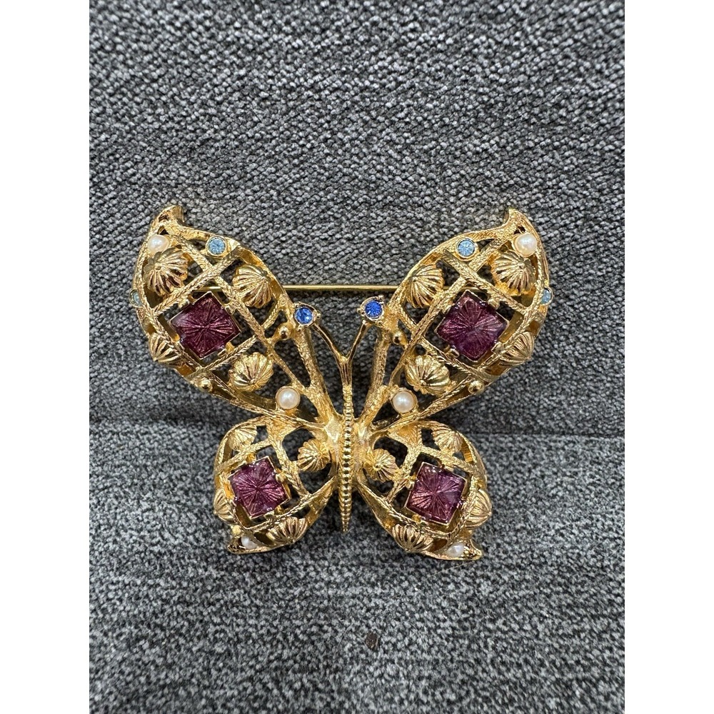 Vintage Avon Butterfly Brooch Pin Enamel Faux Pearl Rhinestone Gold Tone Large